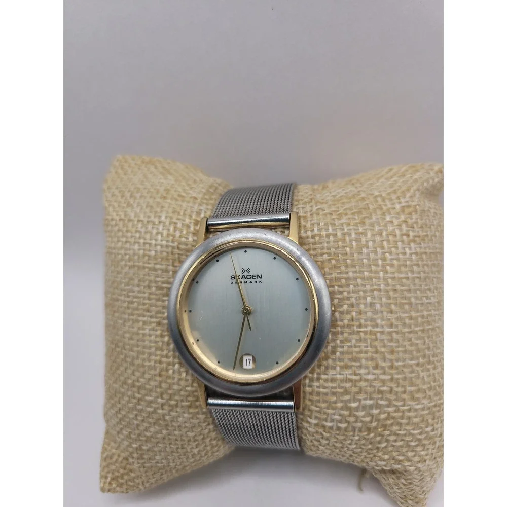 Skagen Denmark 16LGS Two Tone Quartz Watch Date Mesh Band 33.5mm